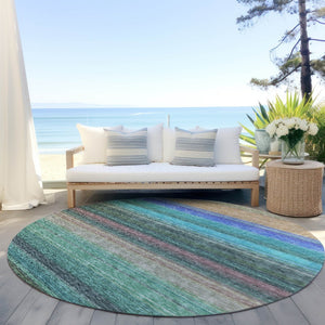 HomeRoots 5' Stylish Sage Teal Blue and Tan Striped Washable Area Rug for Indoor and Outdoor Comfort 8' Round 614829