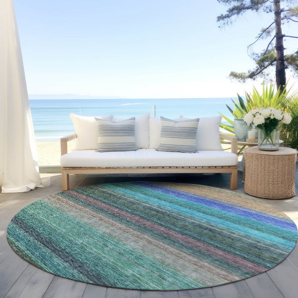 HomeRoots 5' Stylish Sage Teal Blue and Tan Striped Washable Area Rug for Indoor and Outdoor Comfort 8' Round 614829