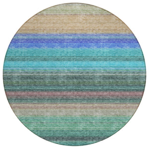 HomeRoots 5' Stylish Sage Teal Blue and Tan Striped Washable Area Rug for Indoor and Outdoor Comfort 8' Round 614829