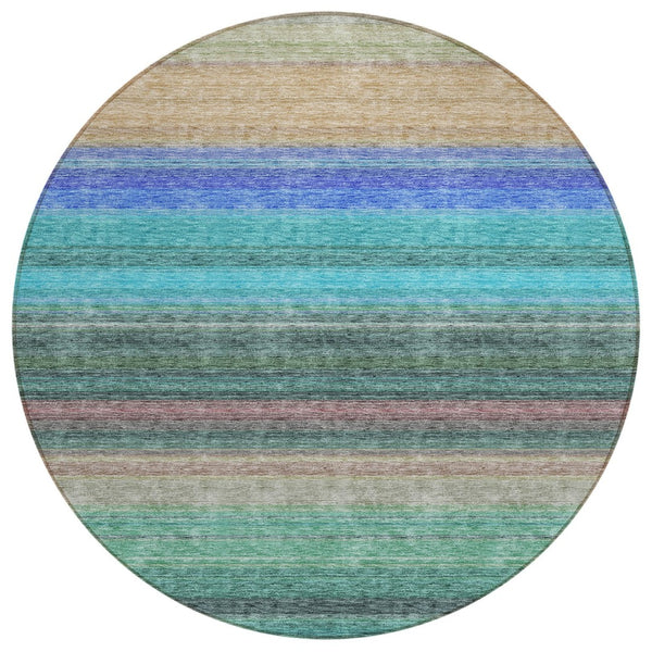 HomeRoots 5' Stylish Sage Teal Blue and Tan Striped Washable Area Rug for Indoor and Outdoor Comfort 8' Round 614829