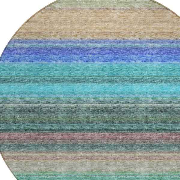 HomeRoots 5' Stylish Sage Teal Blue and Tan Striped Washable Area Rug for Indoor and Outdoor Comfort 8' Round 614829