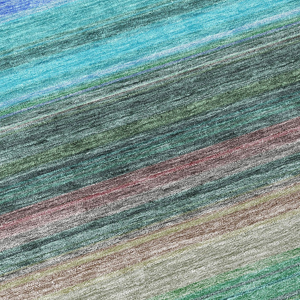 HomeRoots 5' Stylish Sage Teal Blue and Tan Striped Washable Area Rug for Indoor and Outdoor Comfort 8' Round 614829