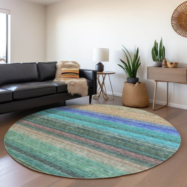 HomeRoots 5' Stylish Sage Teal Blue and Tan Striped Washable Area Rug for Indoor and Outdoor Comfort 8' Round 614829