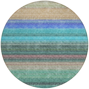 HomeRoots 5' Stylish Sage Teal Blue and Tan Striped Washable Area Rug for Indoor and Outdoor Comfort 8' Round 614829