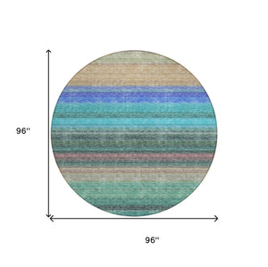 HomeRoots 5' Stylish Sage Teal Blue and Tan Striped Washable Area Rug for Indoor and Outdoor Comfort 8' Round 614829