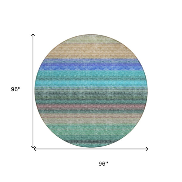 HomeRoots 5' Stylish Sage Teal Blue and Tan Striped Washable Area Rug for Indoor and Outdoor Comfort 8' Round 614829