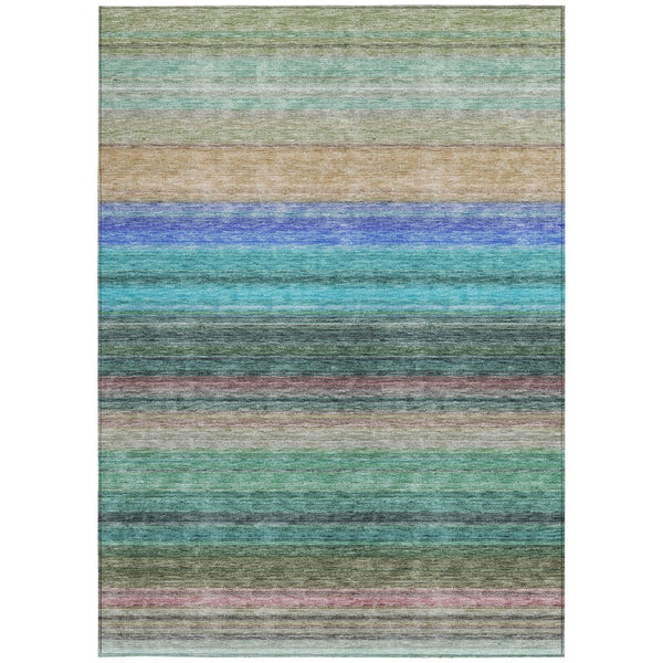 HomeRoots 5' Stylish Sage Teal Blue and Tan Striped Washable Area Rug for Indoor and Outdoor Comfort 8' X 10' 614830