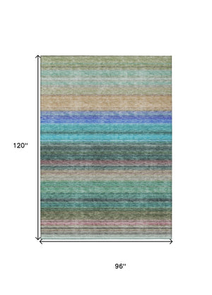 HomeRoots 5' Stylish Sage Teal Blue and Tan Striped Washable Area Rug for Indoor and Outdoor Comfort 8' X 10' 614830