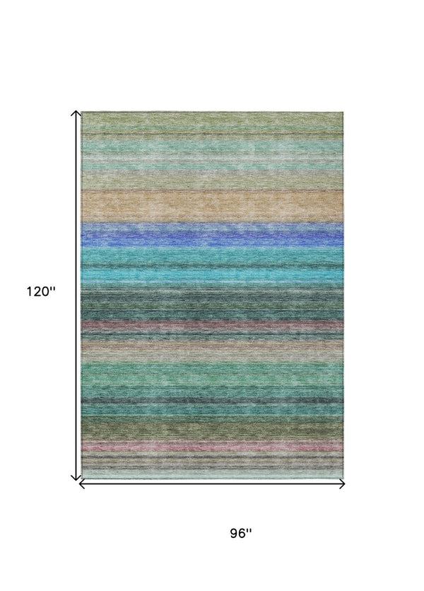 HomeRoots 5' Stylish Sage Teal Blue and Tan Striped Washable Area Rug for Indoor and Outdoor Comfort 8' X 10' 614830