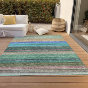 HomeRoots 5' Stylish Sage Teal Blue and Tan Striped Washable Area Rug for Indoor and Outdoor Comfort 8' X 10' 614830