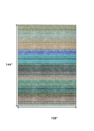 HomeRoots 5' Stylish Sage Teal Blue and Tan Striped Washable Area Rug for Indoor and Outdoor Comfort 9' X 12' 614831
