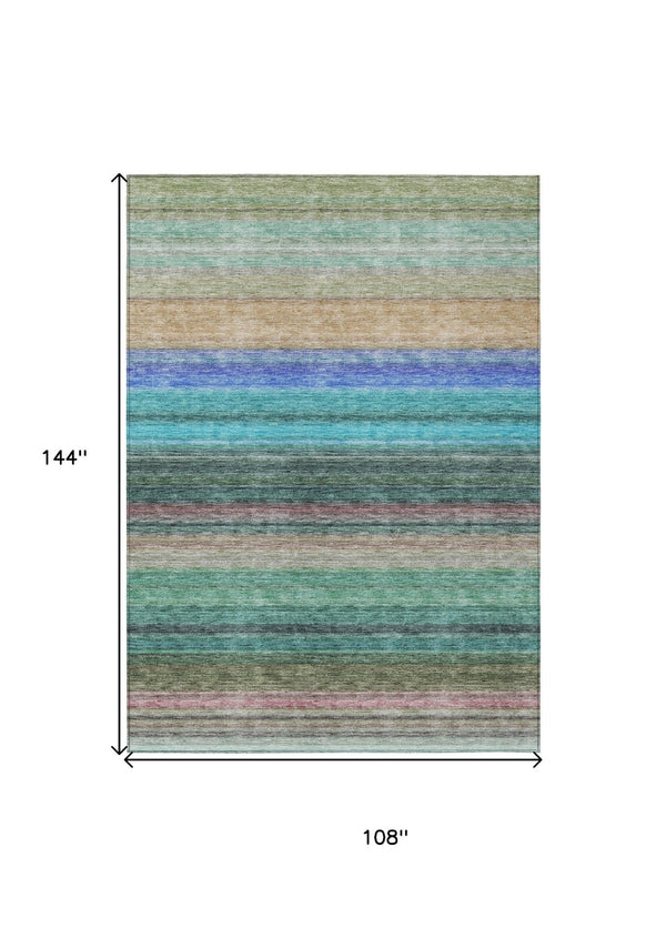 HomeRoots 5' Stylish Sage Teal Blue and Tan Striped Washable Area Rug for Indoor and Outdoor Comfort 9' X 12' 614831