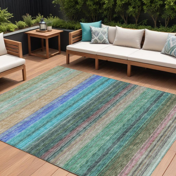 HomeRoots 5' Stylish Sage Teal Blue and Tan Striped Washable Area Rug for Indoor and Outdoor Comfort 9' X 12' 614831