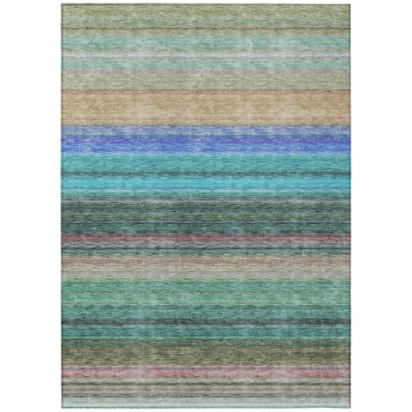 HomeRoots 5' Stylish Sage Teal Blue and Tan Striped Washable Area Rug for Indoor and Outdoor Comfort 9' X 12' 614831
