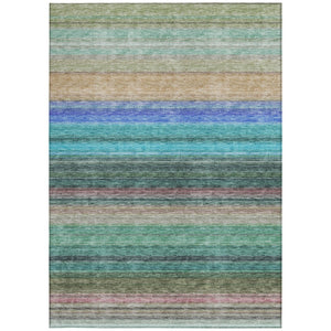 HomeRoots 5' Stylish Sage Teal Blue and Tan Striped Washable Area Rug for Indoor and Outdoor Comfort 10' X 14' 614832