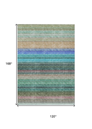 HomeRoots 5' Stylish Sage Teal Blue and Tan Striped Washable Area Rug for Indoor and Outdoor Comfort 10' X 14' 614832