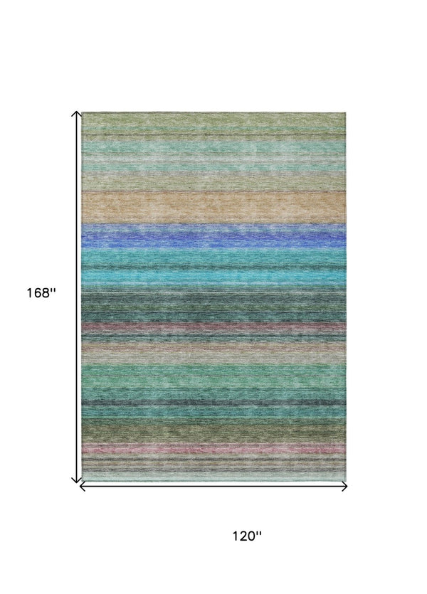 HomeRoots 5' Stylish Sage Teal Blue and Tan Striped Washable Area Rug for Indoor and Outdoor Comfort 10' X 14' 614832