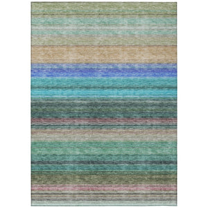 HomeRoots 5' Stylish Sage Teal Blue and Tan Striped Washable Area Rug for Indoor and Outdoor Comfort 10' X 14' 614832