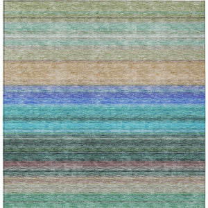 HomeRoots 5' Stylish Sage Teal Blue and Tan Striped Washable Area Rug for Indoor and Outdoor Comfort 10' X 14' 614832