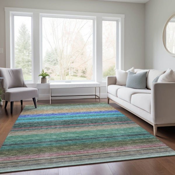 HomeRoots 5' Stylish Sage Teal Blue and Tan Striped Washable Area Rug for Indoor and Outdoor Comfort 10' X 14' 614832