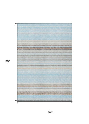 HomeRoots 5' Sky Blue Gray Beige Striped Indoor Outdoor Area Rug - Durable, Washable, Coastal Charm for Any Space 5' X 8' 614834