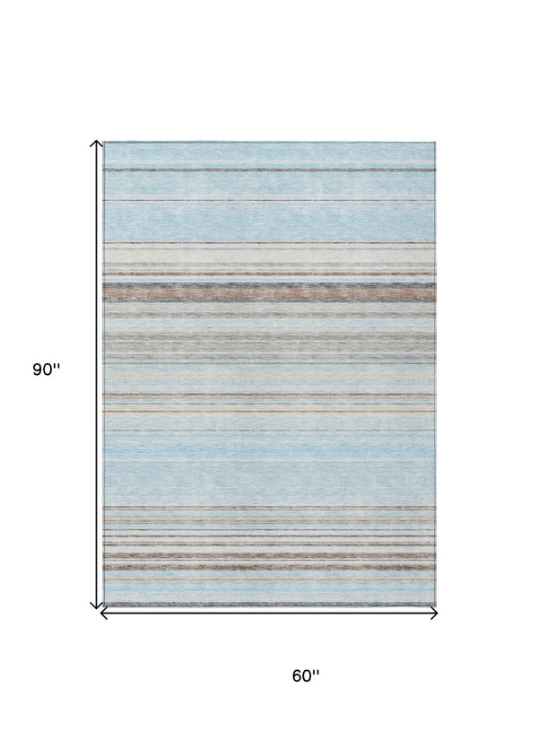 HomeRoots 5' Sky Blue Gray Beige Striped Indoor Outdoor Area Rug - Durable, Washable, Coastal Charm for Any Space 5' X 8' 614834