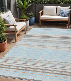 HomeRoots 5' Sky Blue Gray Beige Striped Indoor Outdoor Area Rug - Durable, Washable, Coastal Charm for Any Space 5' X 8' 614834