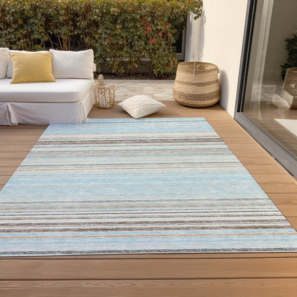 HomeRoots 5' Sky Blue Gray Beige Striped Indoor Outdoor Area Rug - Durable, Washable, Coastal Charm for Any Space 5' X 8' 614834