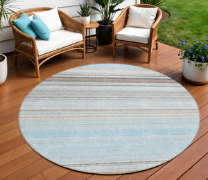 HomeRoots 5' Sky Blue Gray Beige Striped Indoor Outdoor Area Rug - Durable, Washable, Coastal Charm for Any Space 8' Round 614835