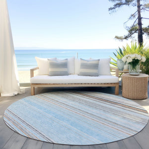 HomeRoots 5' Sky Blue Gray Beige Striped Indoor Outdoor Area Rug - Durable, Washable, Coastal Charm for Any Space 8' Round 614835