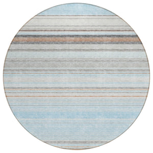 HomeRoots 5' Sky Blue Gray Beige Striped Indoor Outdoor Area Rug - Durable, Washable, Coastal Charm for Any Space 8' Round 614835