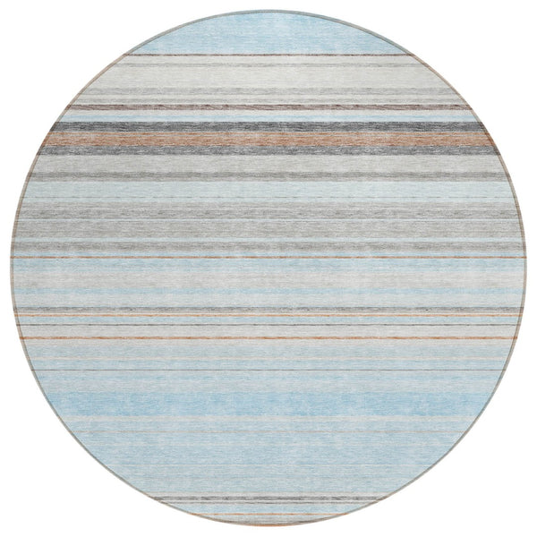 HomeRoots 5' Sky Blue Gray Beige Striped Indoor Outdoor Area Rug - Durable, Washable, Coastal Charm for Any Space 8' Round 614835