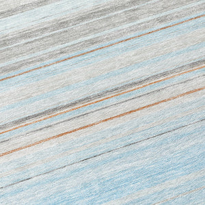 HomeRoots 5' Sky Blue Gray Beige Striped Indoor Outdoor Area Rug - Durable, Washable, Coastal Charm for Any Space 8' Round 614835