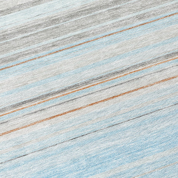 HomeRoots 5' Sky Blue Gray Beige Striped Indoor Outdoor Area Rug - Durable, Washable, Coastal Charm for Any Space 8' Round 614835