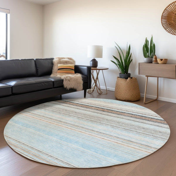 HomeRoots 5' Sky Blue Gray Beige Striped Indoor Outdoor Area Rug - Durable, Washable, Coastal Charm for Any Space 8' Round 614835