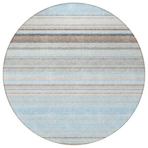 HomeRoots 5' Sky Blue Gray Beige Striped Indoor Outdoor Area Rug - Durable, Washable, Coastal Charm for Any Space 8' Round 614835