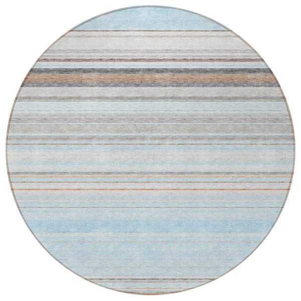 HomeRoots 5' Sky Blue Gray Beige Striped Indoor Outdoor Area Rug - Durable, Washable, Coastal Charm for Any Space 8' Round 614835
