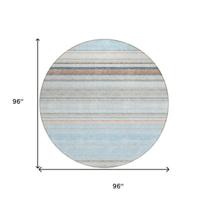 HomeRoots 5' Sky Blue Gray Beige Striped Indoor Outdoor Area Rug - Durable, Washable, Coastal Charm for Any Space 8' Round 614835