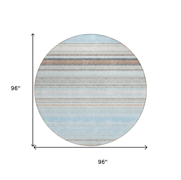 HomeRoots 5' Sky Blue Gray Beige Striped Indoor Outdoor Area Rug - Durable, Washable, Coastal Charm for Any Space 8' Round 614835