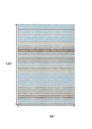 HomeRoots 5' Sky Blue Gray Beige Striped Indoor Outdoor Area Rug - Durable, Washable, Coastal Charm for Any Space 8' X 10' 614836