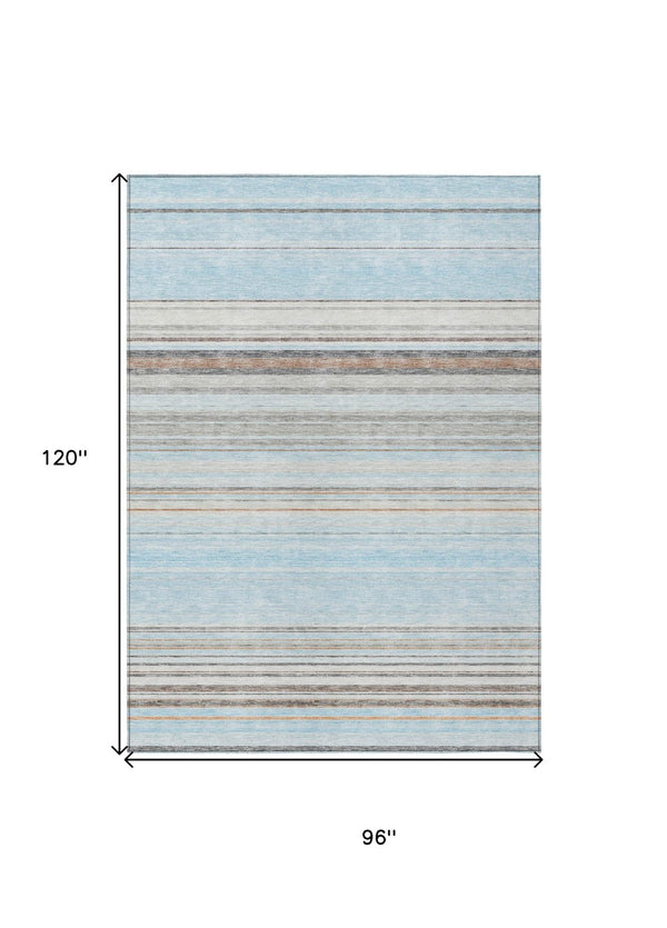 HomeRoots 5' Sky Blue Gray Beige Striped Indoor Outdoor Area Rug - Durable, Washable, Coastal Charm for Any Space 8' X 10' 614836