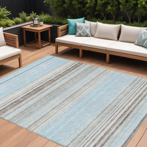 HomeRoots 5' Sky Blue Gray Beige Striped Indoor Outdoor Area Rug - Durable, Washable, Coastal Charm for Any Space 8' X 10' 614836