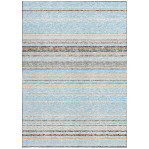 HomeRoots 5' Sky Blue Gray Beige Striped Indoor Outdoor Area Rug - Durable, Washable, Coastal Charm for Any Space 8' X 10' 614836