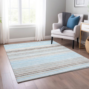HomeRoots 5' Sky Blue Gray Beige Striped Indoor Outdoor Area Rug - Durable, Washable, Coastal Charm for Any Space 8' X 10' 614836