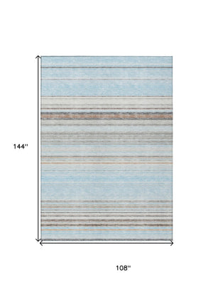 HomeRoots 5' Sky Blue Gray Beige Striped Indoor Outdoor Area Rug - Durable, Washable, Coastal Charm for Any Space 9' X 12' 614837
