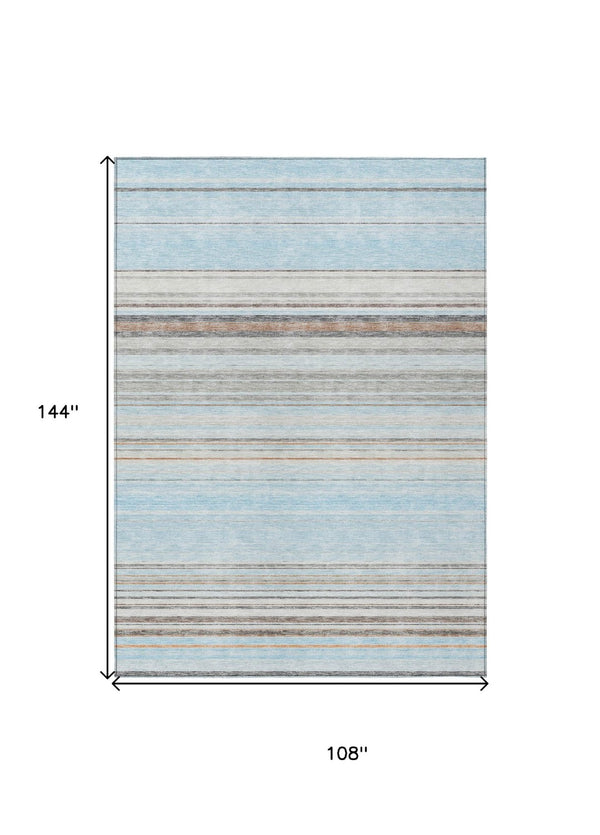 HomeRoots 5' Sky Blue Gray Beige Striped Indoor Outdoor Area Rug - Durable, Washable, Coastal Charm for Any Space 9' X 12' 614837