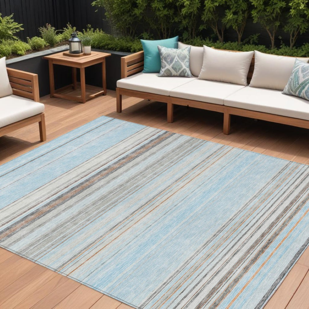 HomeRoots 5' Sky Blue Gray Beige Striped Indoor Outdoor Area Rug - Durable, Washable, Coastal Charm for Any Space 9' X 12' 614837