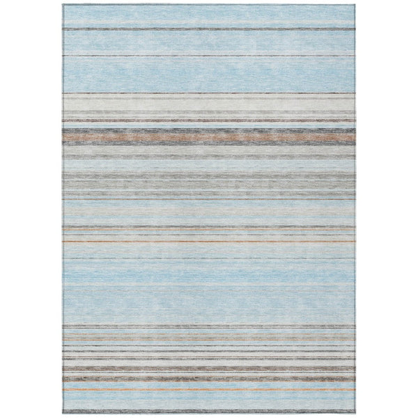 HomeRoots 5' Sky Blue Gray Beige Striped Indoor Outdoor Area Rug - Durable, Washable, Coastal Charm for Any Space 9' X 12' 614837