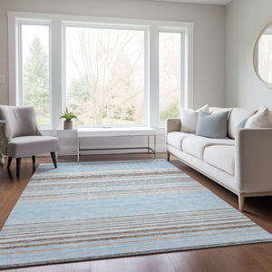 HomeRoots 5' Sky Blue Gray Beige Striped Indoor Outdoor Area Rug - Durable, Washable, Coastal Charm for Any Space 9' X 12' 614837