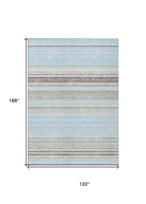 HomeRoots 5' Sky Blue Gray Beige Striped Indoor Outdoor Area Rug - Durable, Washable, Coastal Charm for Any Space 10' X 14' 614838